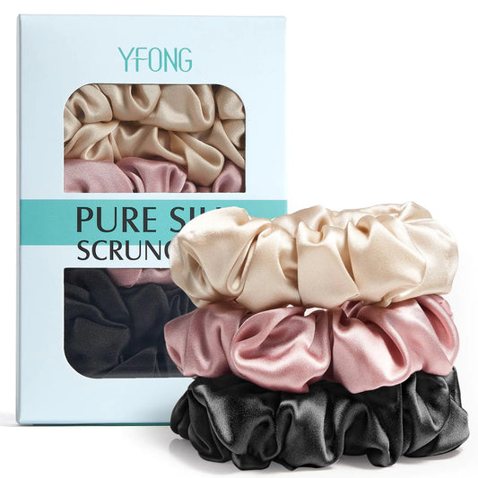 YFONG 3 PCS 100% Mulberry Silk Scrunchies for Women Girls 22 Momme Soft Hair Ties for Frizz & Breakage Prevention Elastic Ponytail Holders Gentle And No hurt (Pink+Black+Champagne)
