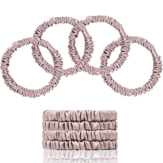 SEMRUE 22 Momme 100% Pure Mulberry Silk Scrunchies (4 PCS) - Small Hair Elastics and Ties for Women Sleep Hair Care No Damage Lotus Pink